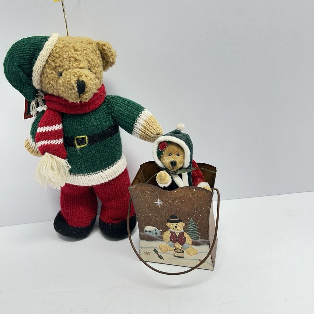 Vintage Christmas Teddy Bear Lot Boyds Bear Tin Bucket + Knit Elf Bear Decor